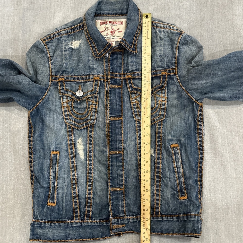 True Religion Blue Denim Trucker Jacket Size M Thick Stitching Res Super T VTG - Picture 7 of 14